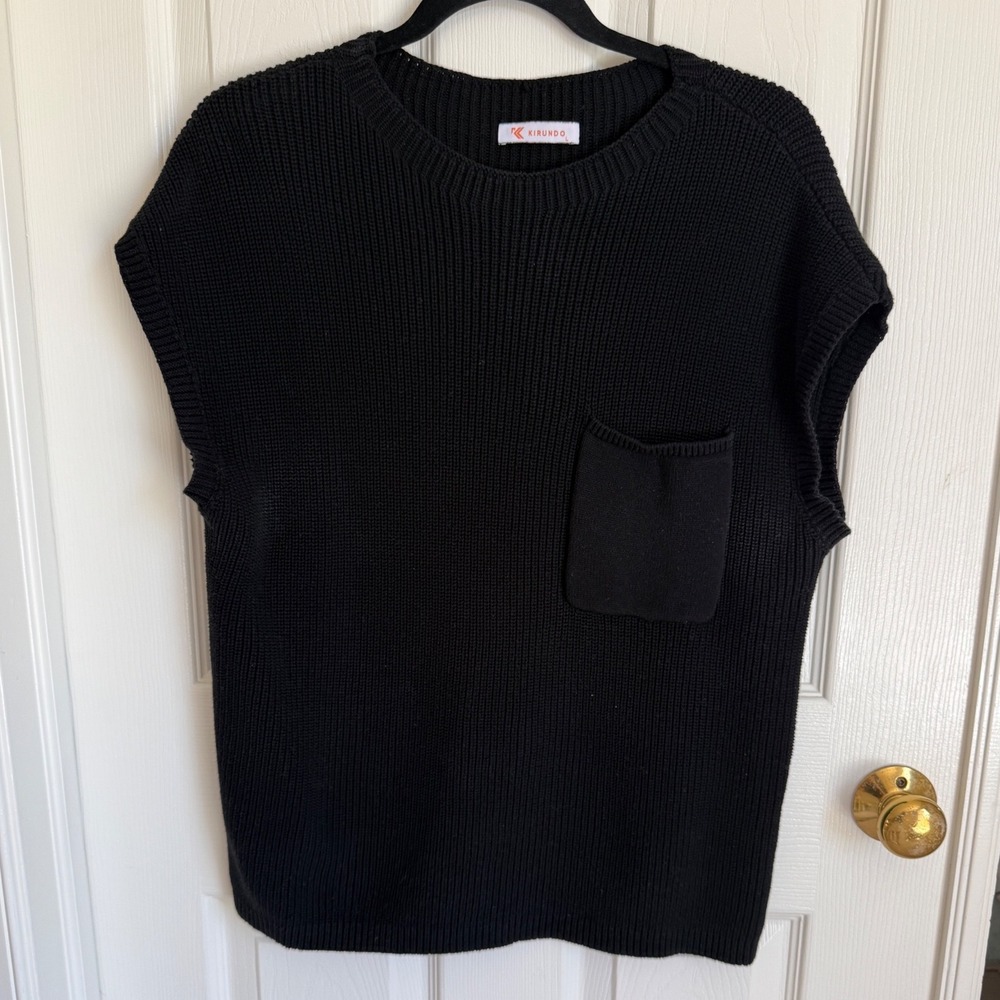 Kirundo Black Ribbed Knit Sweater Sleeveless Crewneck Pocket Large